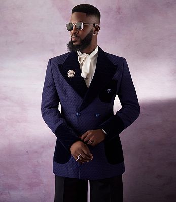 Carlos Chic Navy Jacquard Prom Suits With Black Velvet Peaked Lapel