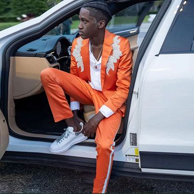 Calvin Glamorous Orange Notched Lapel Prom Suits With Appliques_2