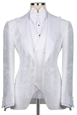 Burke Stylish White Jacquard Peaked Lapel Three Pieces Prom Suits