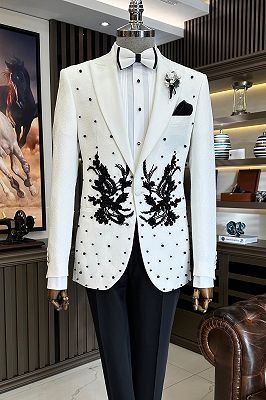 Latest Design White Jacquard Black Pearls Lace Appliqués Popular Prom Suit