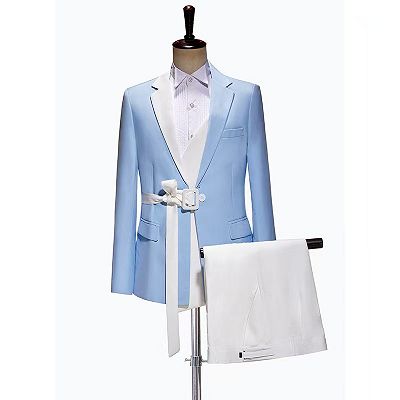 Byron Handsome Sky Blue Notched Lapel Prom Suits With White Sash