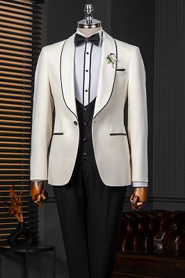 Classic Shawl Lapel 3 Piece White Wedding Suit with Black Waistcoat Pants