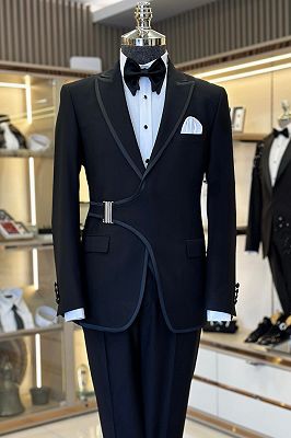Metal Buckle Black Men’s Business Suit Wedding Prom with Satin Hemming