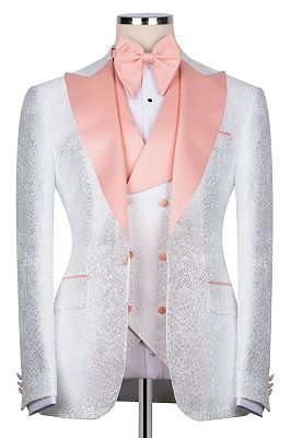 Burnell Fancy White Jacquard Three Pieces Prom Suits With Satin Lapel