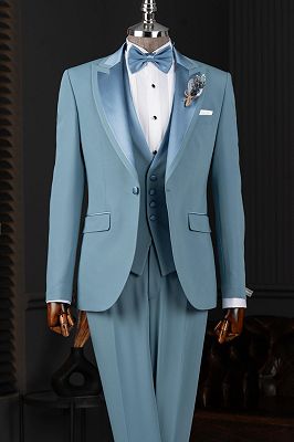 Fashionable Blue 3 Piece Men’s Banquet Prom Wedding Suit with Satin Lapel