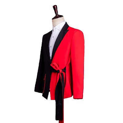 Burton Fashion Red Long Sash Prom Suits With Black Peaked Lapel