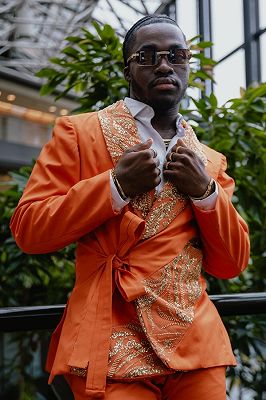 Chasel Chic Orange Shawl Lapel Prom Suits With Gold Appliques_2