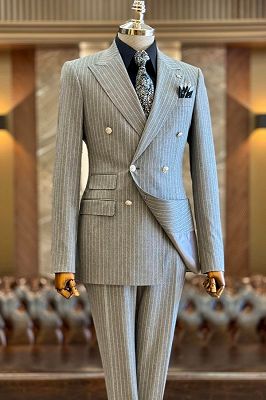 Claire Fancy Gray Striped Double Breasted Peaked Lapel Business Suits