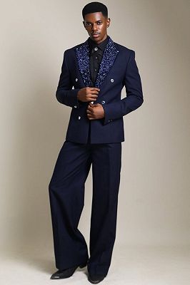 Carlson Special Dark Navy Double Breasted Prom Suits With Sequin Lapel