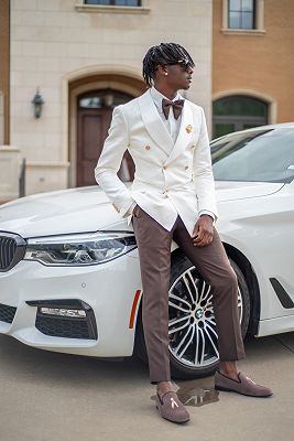 Charles Bespoke White Jacquard Double Breasted Prom Suits With Satin Shawl Lapel