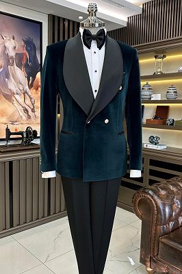 Clarence Gentle Teal Velvet Double Breasted Prom Suits With Shawl Lapel