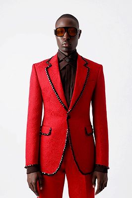 Carr Handsome Red Jacquard Notched Lapel Prom Suits With Beadings