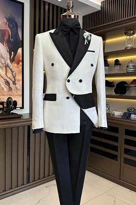 Christian Handsome White Jacquard Double Breasted Prom Suits With Black Pants