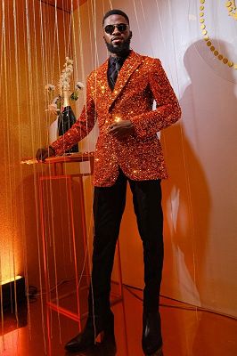 Cedric Shiny Orange Sequins Prom Suits With Black Pants