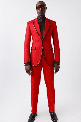 Carr Handsome Red Jacquard Notched Lapel Prom Suits With Beadings