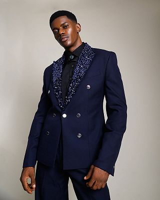 Carlson Special Dark Navy Double Breasted Prom Suits With Sequin Lapel