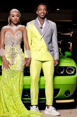 Dick Light Green Double Breasted Prom Suits With Beading