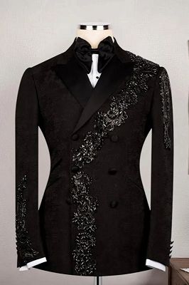 Clark Generous Black Jacquard Double Breasted Prom Suits With Beadings