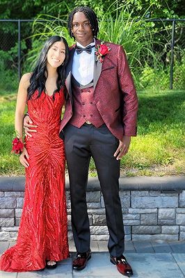Elliott Bespoke Burgundy Jacquard Three Pieces Prom Suits