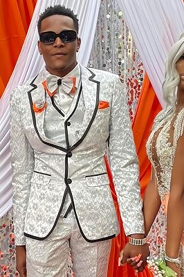 Elton Gentle White Jacquard Notched Lapel Three Pieces Prom Suits