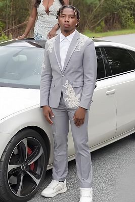 Corey Bespoke Gray Notched Lapel Prom Suits With Appliques