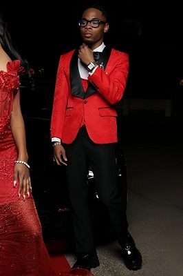 Cornell Stylish Red Jacquard Three Pieces Prom Suits With Black Satin Lapel