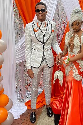 Elton Gentle White Jacquard Notched Lapel Three Pieces Prom Suits