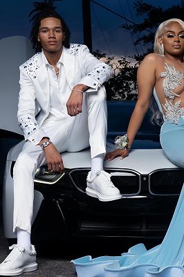 Elijah Elegant White Notched Lapel Crystal Prom Suits