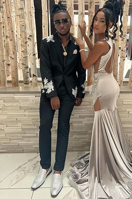 Ed Mind Black Shawl Lapel One Button Prom Suits With Appliques