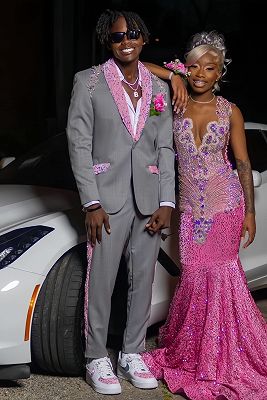 Cliff Chic Gray Prom Suits With Pink Beading Shawl Lapel
