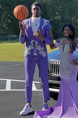 Connor Modern Lavender Notched Lapel Prom Suits With Beading