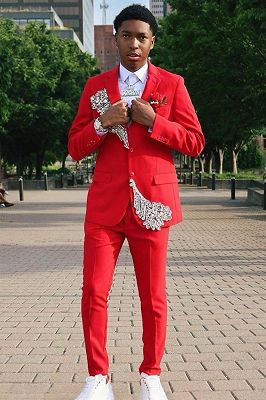 Donahue Modern Red Notched Lapel Prom Suits With Beading