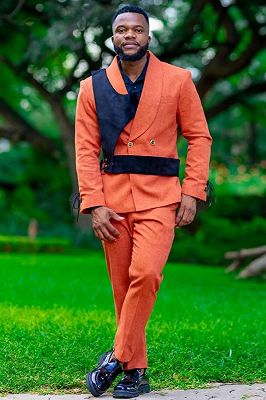 Clare Modern Orange Shawl Lapel Double Breasted Prom Suits With Navy Sash