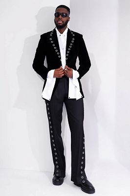 Christopher Stylish Black Peaked Lapel Velvet Prom Suits With Eyelet Buttons