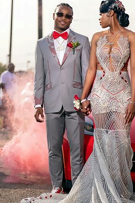 Egbert Stylish Gray Notched Two Buttons Beading Prom Suits