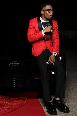 Cornell Stylish Red Jacquard Three Pieces Prom Suits With Black Satin Lapel