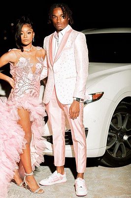 Ethan Elegant Pink Jacquard Shawl Lapel Beading Prom Suits