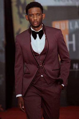 Harriet Handsome Burgundy Shawl Lapel Three Pieces Wedding Suit With Velvet Binding