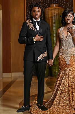 Herman Glamorous Black Peaked Lapel Beading Double Breasted Prom Suits