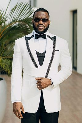 Harris Gentle White Three Pieces Wedding Suits With Beading Lapel