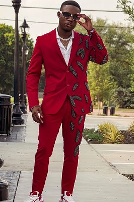 Gordon Generous Red Notched Lapel Prom Suits With Beading