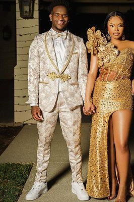 Humphrey Charming Apricot Jacquard Shawl Lapel Prom Suits With Binding