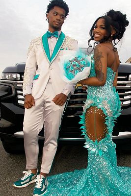 Harrison Handsome White Satin Shawl Lapel Beading Prom Suits