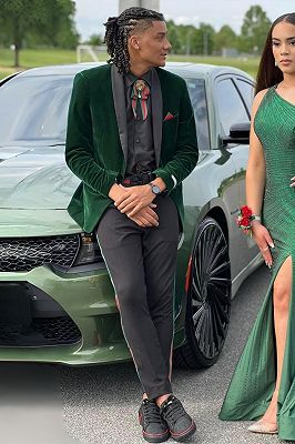 Geoff Chic Dark Green Velvet Prom Suits With Satin Lapel