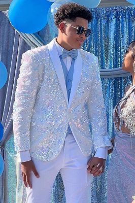 Evan Fashion White Sequins Shawl Lapel One Button Prom Suits_2