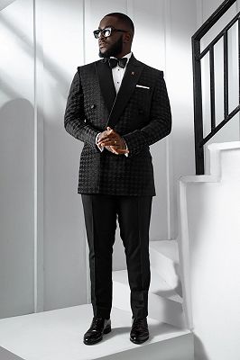 Haley Stylish Black Houndstooth Peaked Lapel Double Breasted Prom Suits