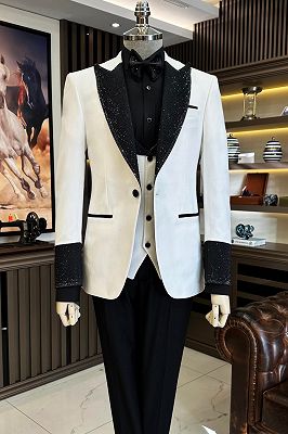 3 Piece White Wedding Suit with Sparkly Black Lapel Cuff