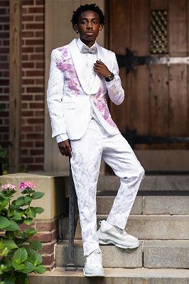 Ulysses White Jacquard Shawl Lapel Three Pieces Prom Suits With Pink Appliques_1