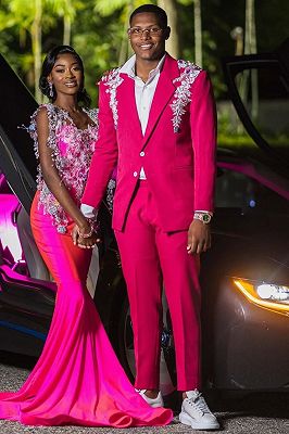 Hugh Stylish Magenta Notched Lapel Appliques Prom Suits