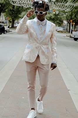 Greg Bespoke Apricot Jacquard Peaked Lapel Three Pieces Prom Suits
